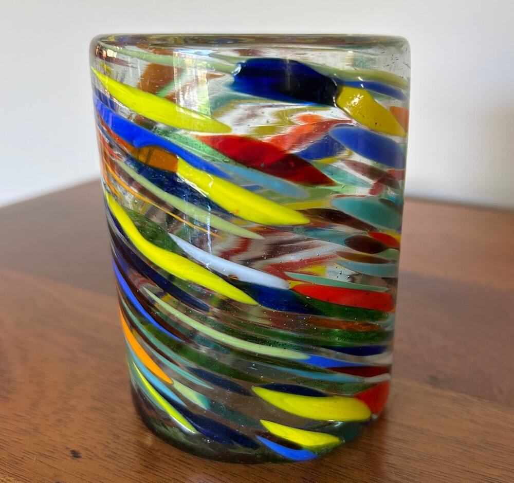Hand-Blown Mexican Confetti Glass Tumbler Multicolor Swirl